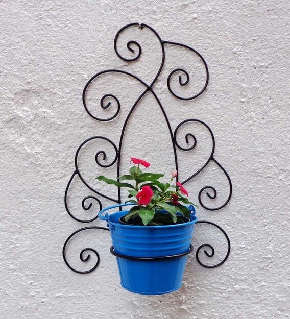 Buy Wrought Iron Wall Bracket With Light Blue Color Metal Bucket By Green Gardenia Online Wall Planters Pots Planters Home Decor Pepperfry Product