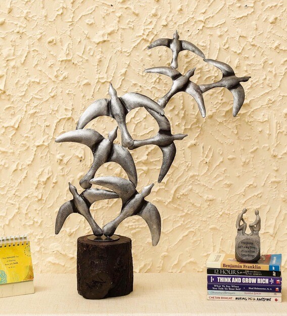 Buy Grey Iron Bird Flying Bunch Table Decor Figurine By Vedas