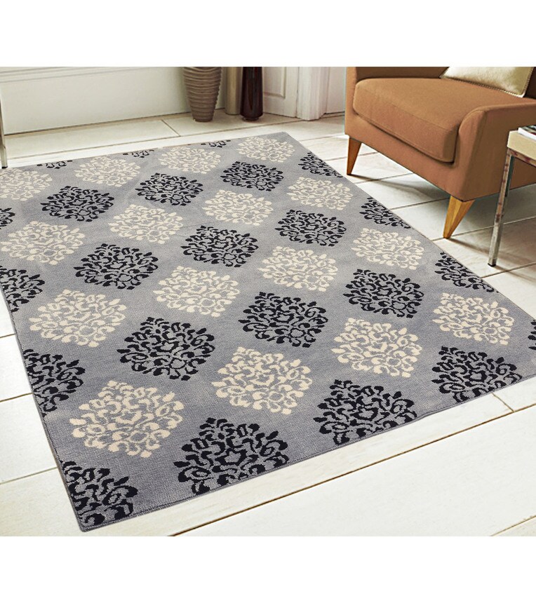 Buy Grey Microfibre Geometrical 4 x 6 Feet Machine Made Carpet by Saral