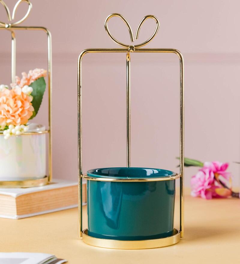 Buy Green & Gold Gift Wrap Plant Pot by Nestasia Online Desk Pots