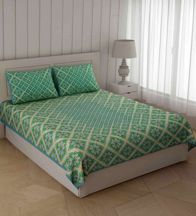 Buy Green Abstract 108 TC King Size Cotton Bedsheet By Poorak Online