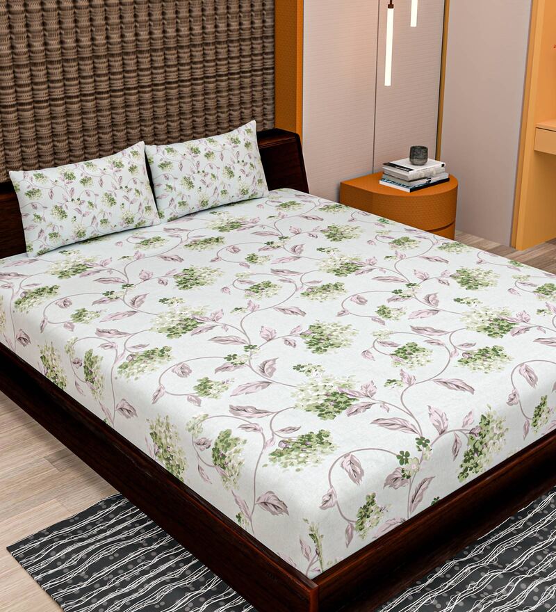 Buy Green Abstract 240 TC Cotton Queen Sized Bedsheet with 2 Pillow