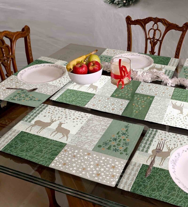 Buy Green Abstract Cotton Blend 7 Pcs Christmas Table Linen Set by AVI