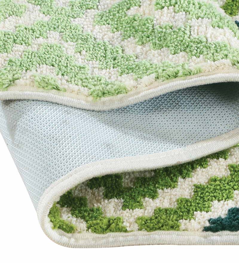 Buy Green Geometric Polyester AntiSkid Bathmat by Obsessions Online