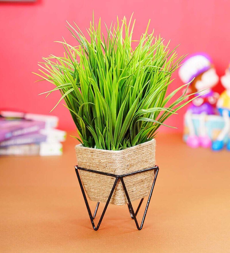 Buy Green Artificail Plant with Pot and Metal Stand By Dekorly Online Artificial Plants