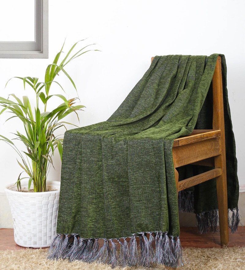 Buy Green Chenille Plain Solid Pattern 60 X 50 Inch Throw By Cazimo