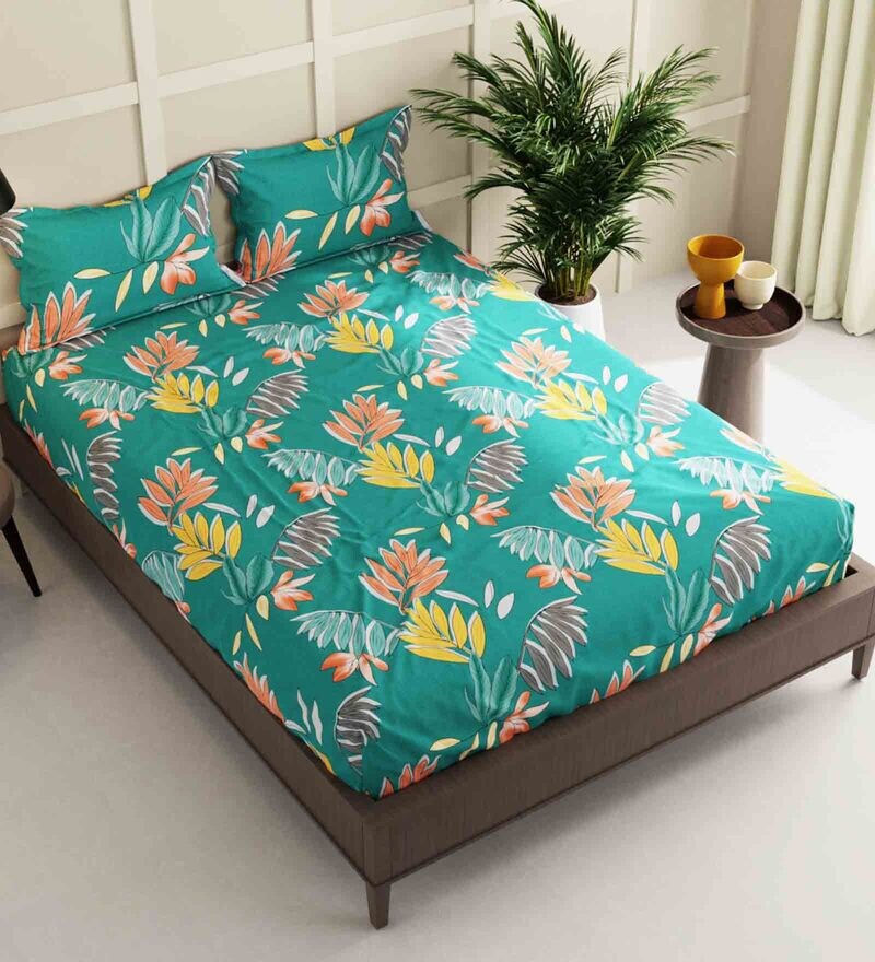 Buy Green Floral 152 Tc Microfiber Double Bedsheet With 2 Pillow Covers