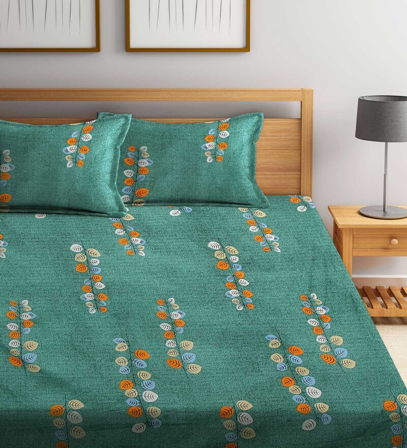 Buy Green Floral 300 TC Cotton Blend Double Size Bedsheet With 2 Pillow