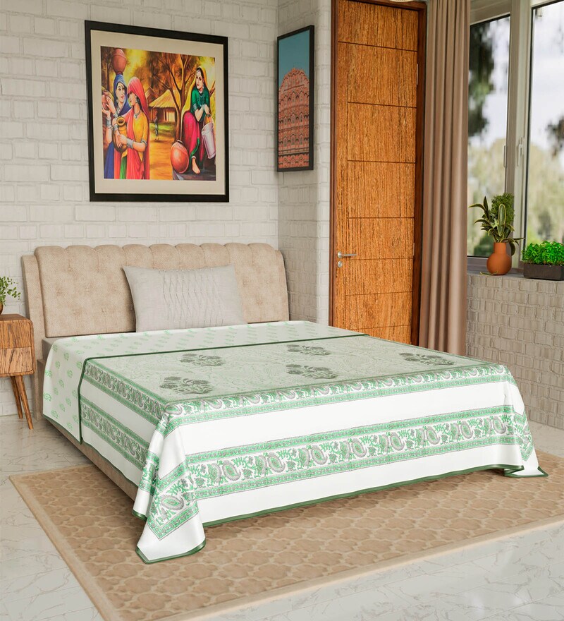 Buy Green Hand Block Printed Cotton Reversible Single Bed Dohar By