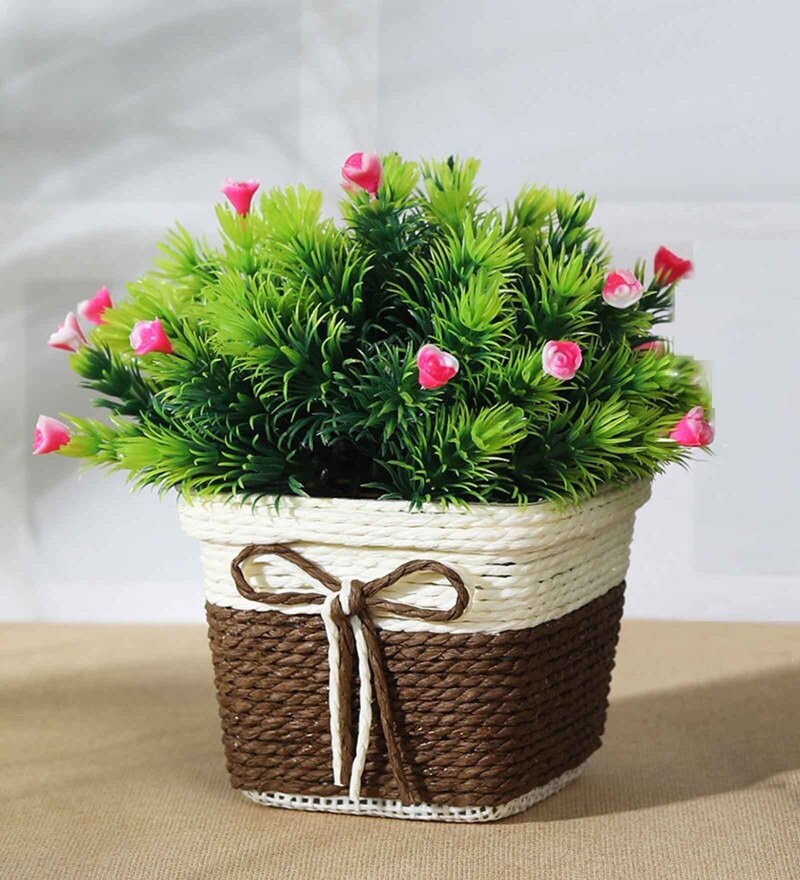 Buy Green Plastic Pink Flowers Artificial Plant with Pot by Foliyaj