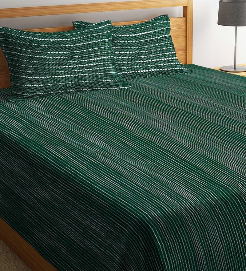 Buy Green Stripe Cotton Double 300 Tc Bed Cover With 2 Pillow