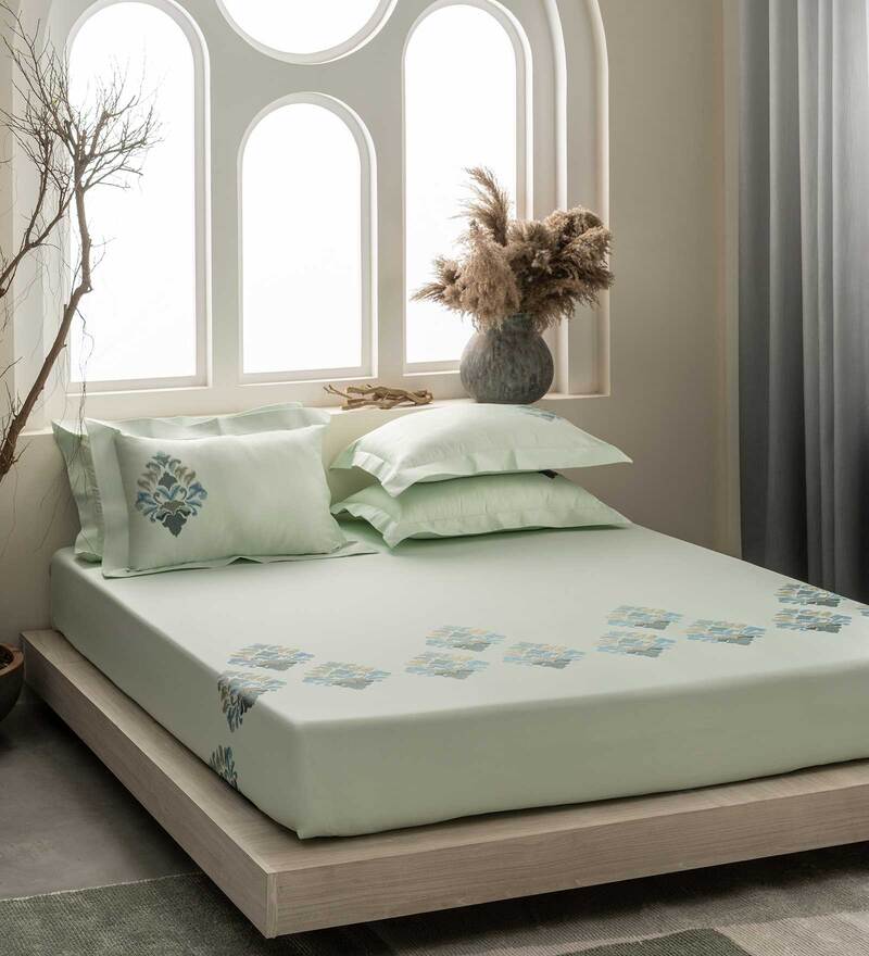 Buy Green Traditional 210 TC 100 Cotton King Sized Bedsheet With 2