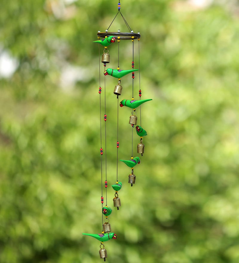 Buy Green Wood & Copper Handmade Parrots Wind Chime Cum Decorative 