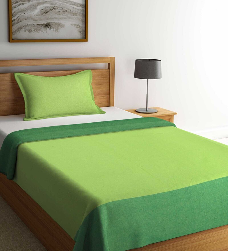 Buy Green Woven Design Cotton Single Bed Cover with Pillow Cover by ...