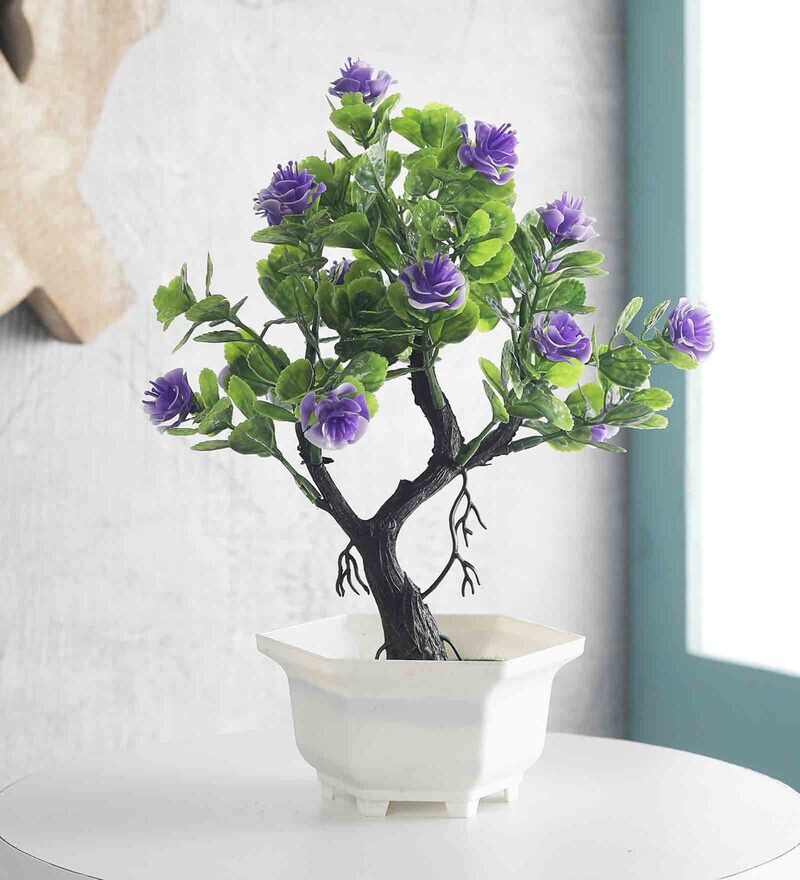 Buy Green Y Shape Tree With Long Green Leaves And Purple Roses Artificial Bonsai Plant With Pot By Foliyaj Online Artificial Plants Artificial Plants Home Decor Pepperfry Product