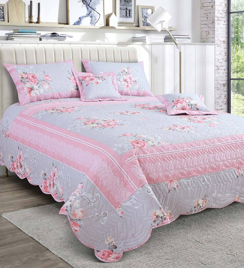 Buy Grey & Pink Floral 250 TC Cotton Quilted Double Bed Cover with 2