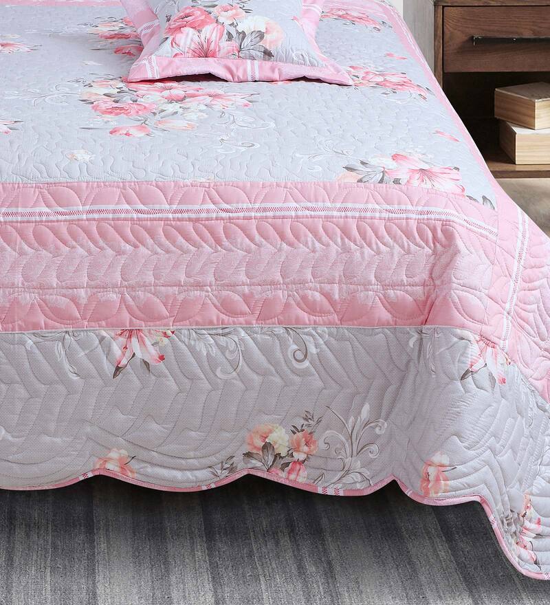 Buy Grey & Pink Floral 250 TC Cotton Quilted Double Bed Cover with 2