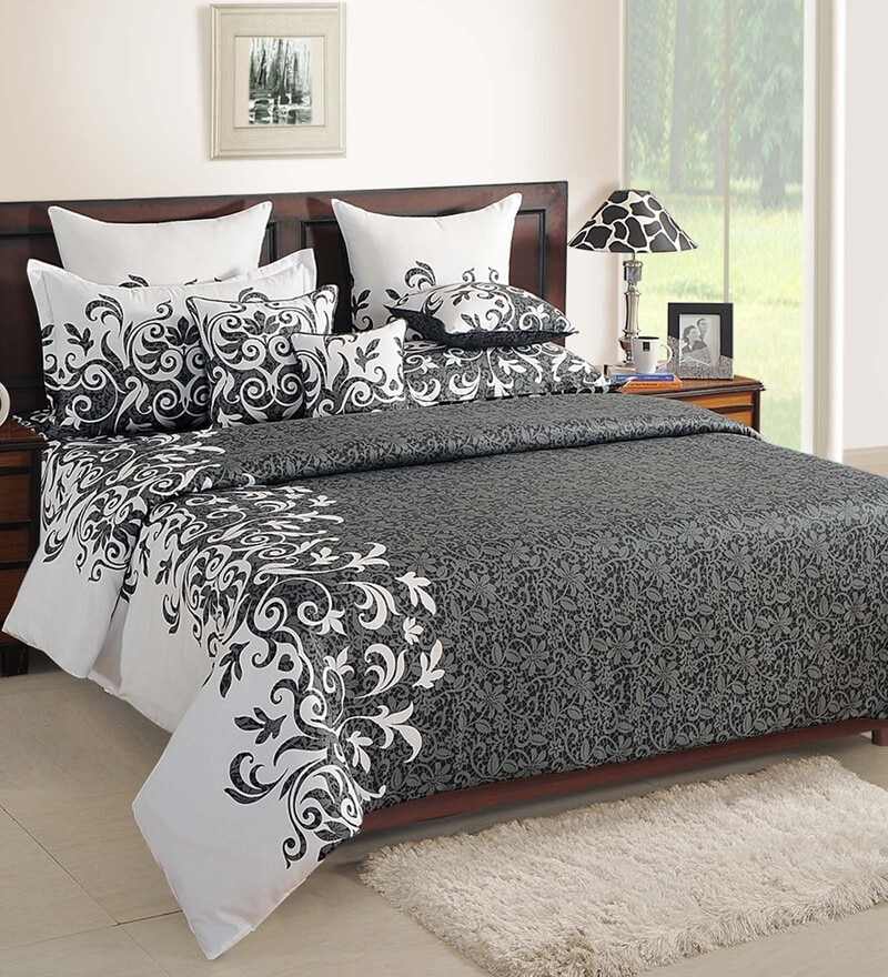 Buy Black Floral 210 TC Cotton 1 Double King Size Bedsheet with 2