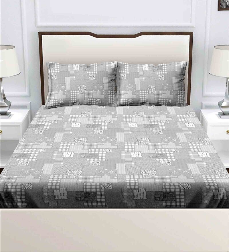 Buy Grey Abstract 220 TC Cotton Queen Sized Bedsheet With 2 Pillow