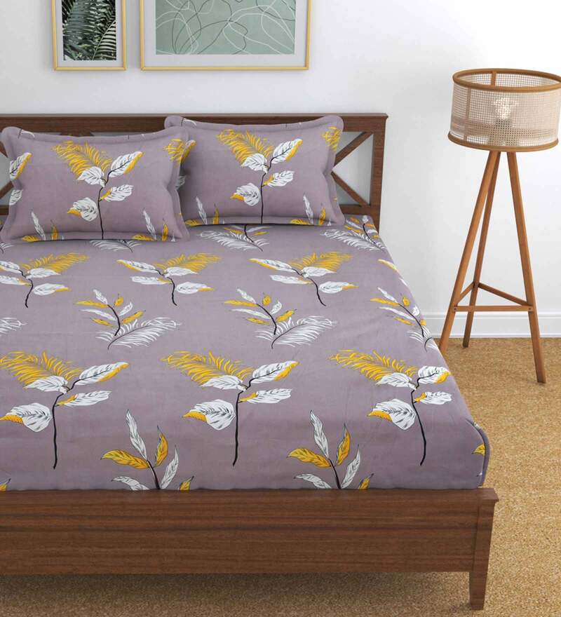 Buy Grey Abstract TC 160 Poly Cotton King Bed Sheet With 2 Pillow