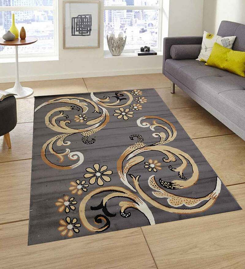 Buy Grey Acrylic Floral 5 x 7 Feet Machine Made Carpet by Rida Handloom ...
