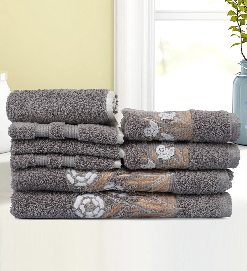 Buy Grey Cotton Patterned 500 GSM Towel Set 8 Pieces by Lush & Beyond Online Patterned Towels