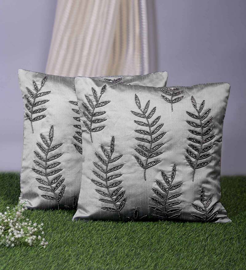 Buy Grey Embroidered ( Set of 2 ) Cushion covers 16x16 Inch Alina decor