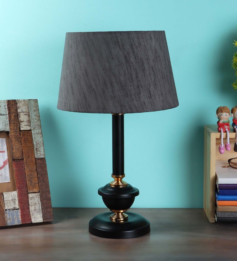Buy Grey Fabric Shade Table Lamp With Black Base By Foziq Online