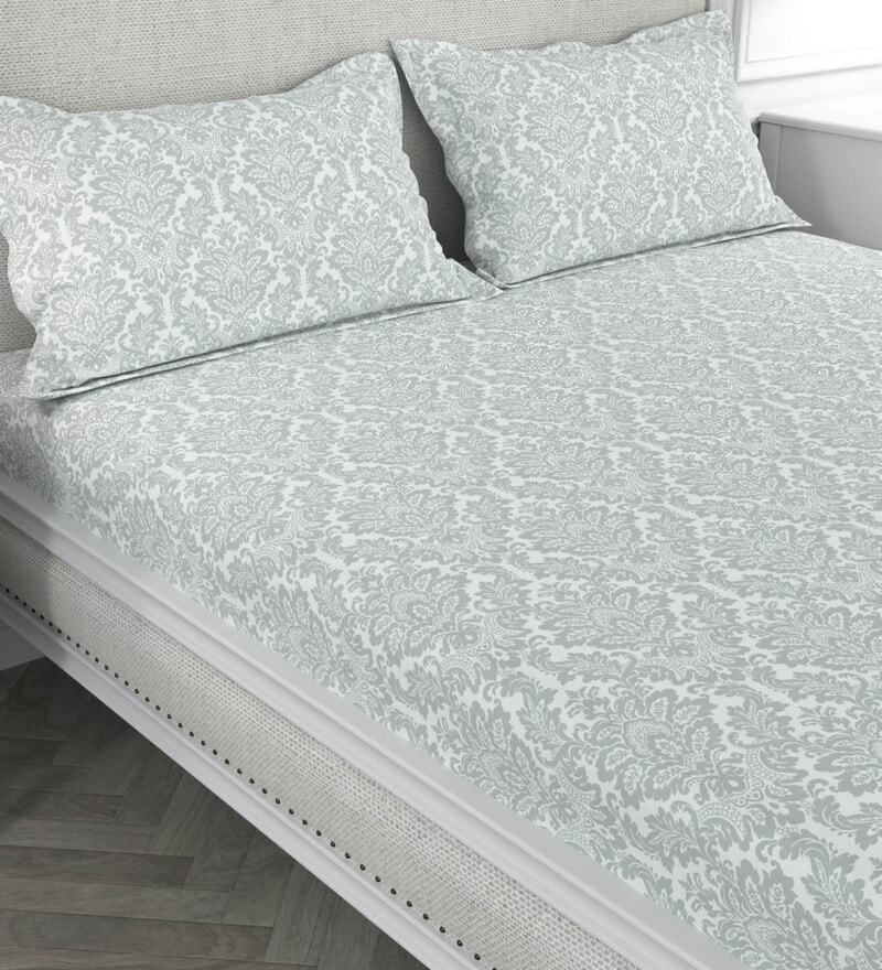 Buy Grey Floral 200 TC 100 Cotton Double Bedsheet With 2 Pillow Covers