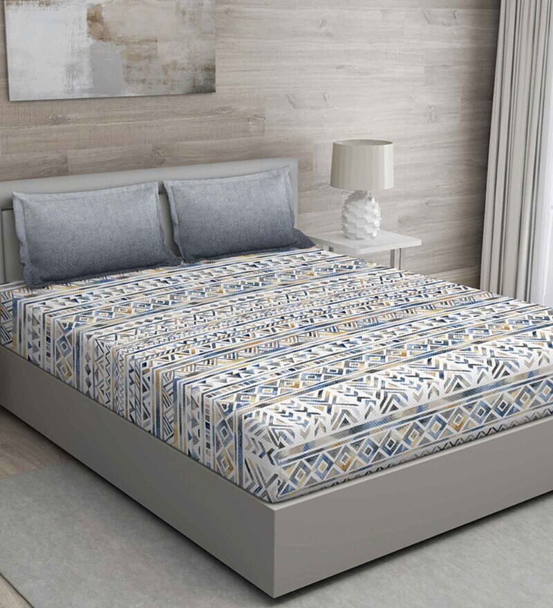 Buy Grey Geometric 144 TC Cotton Queen Sized Bedsheet with 2 Pillow