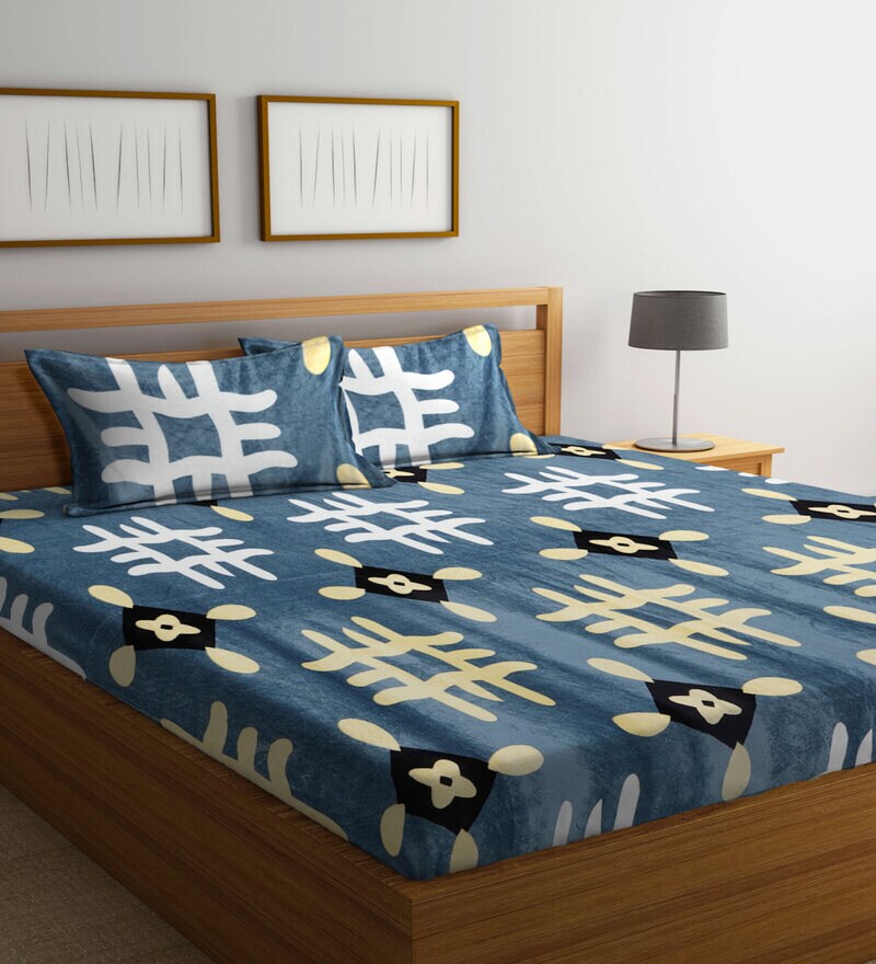 Buy Blue Abstract 200 TC Flannel King Sized Bed Sheets with 2 Pillow