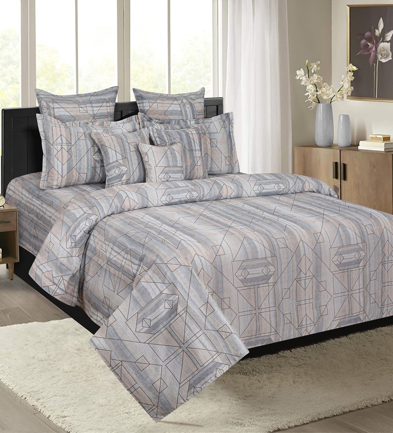 Buy Grey Geometric 210 TC Cotton Extra Large Double Bedsheet with 2