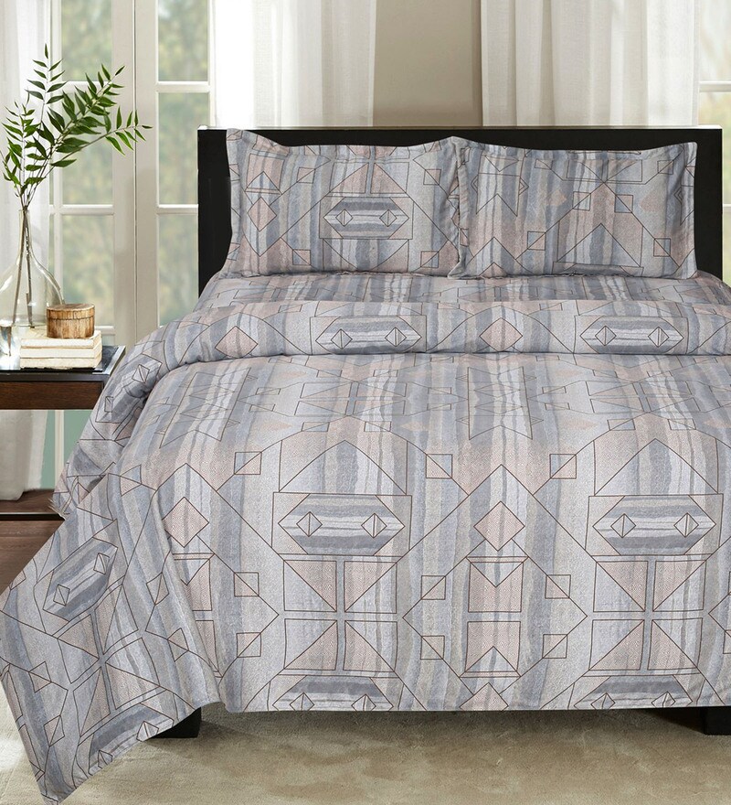 Buy Grey Geometric 210 TC Cotton Extra Large Double Bedsheet with 2 Pillow Covers , Grey and