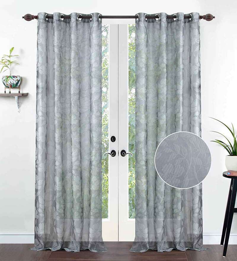 Buy Grey Polyester Floral 8 Ft Sheer Eyelet 2 Curtains by Deco Window