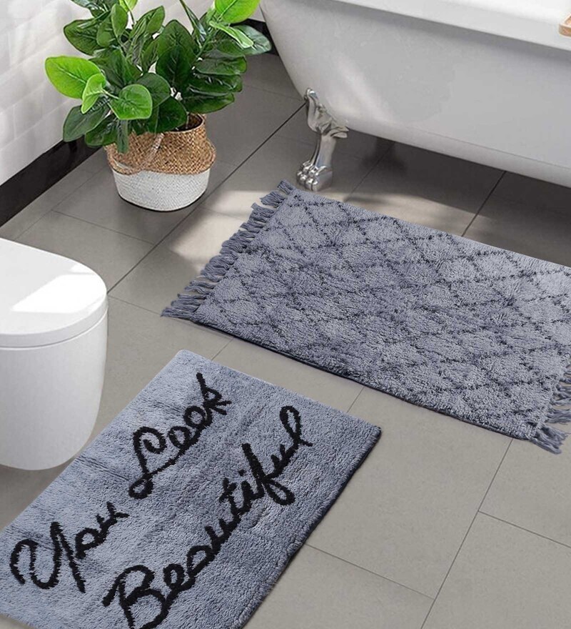 Buy Grey Slogan Cotton 31x19 Inches AntiSkid Bath Mat (Set of 2) by