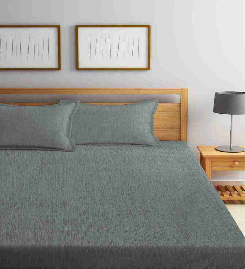 Buy Grey Solid 300 TC Cotton 1 King Sized Double Bedcover With 2 Pillow