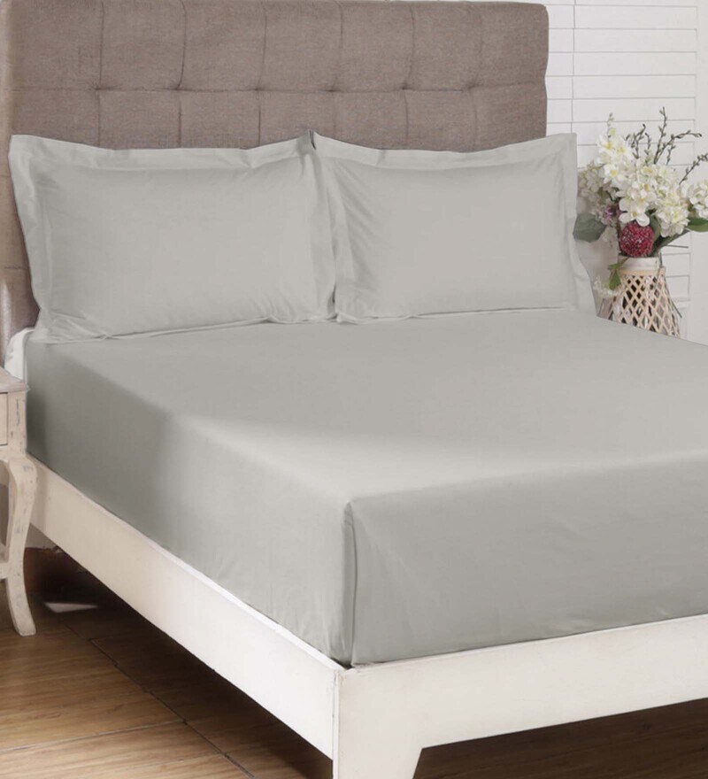 Buy Grey Solid 400 TC 100 Cotton 1 Double Queen Size Bedsheet With 2