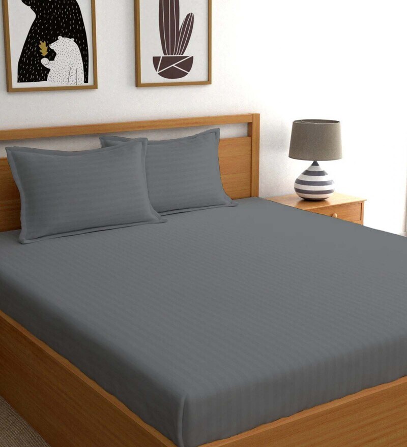 Buy Grey Striped 210 TC 100 Cotton Double King Sized Bedsheet with 2