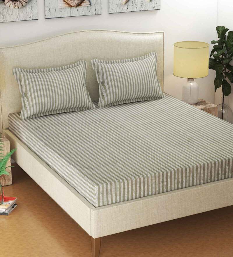 Buy Grey Striped 300 TC Cotton Queen Sized Bedsheet With 2 Pillow