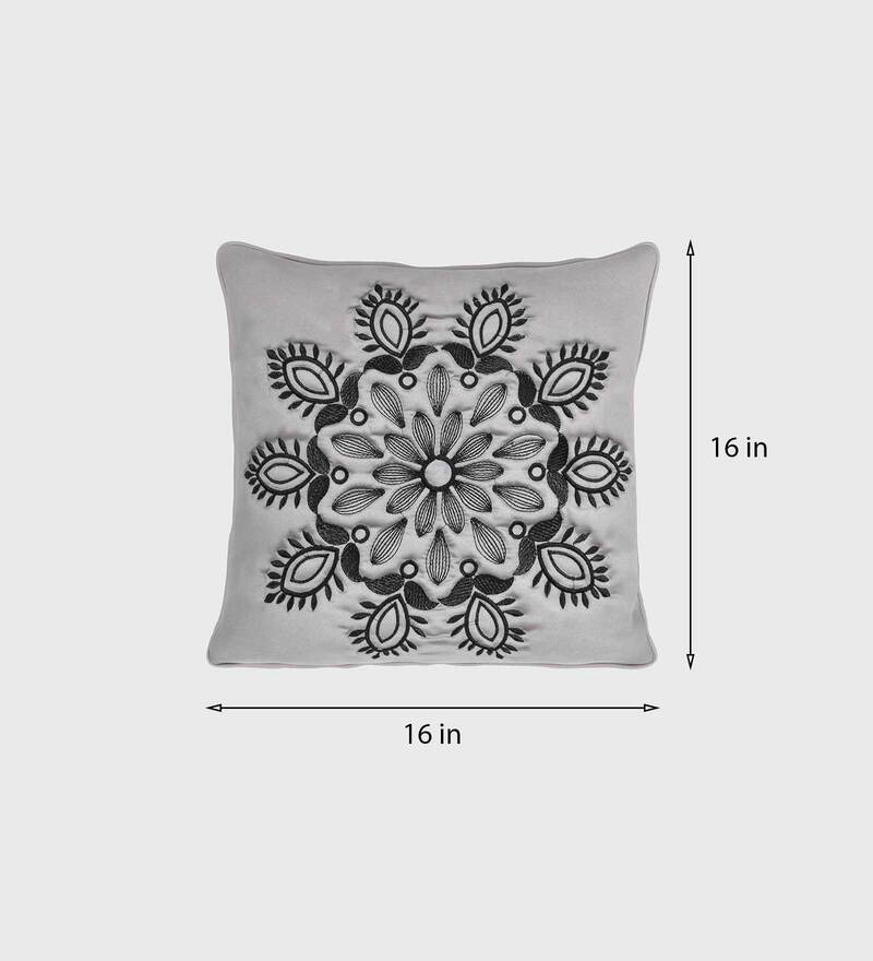 Buy Grey Traditional Cotton Embroidered Cushion Cover by JAIPUR FABRIC