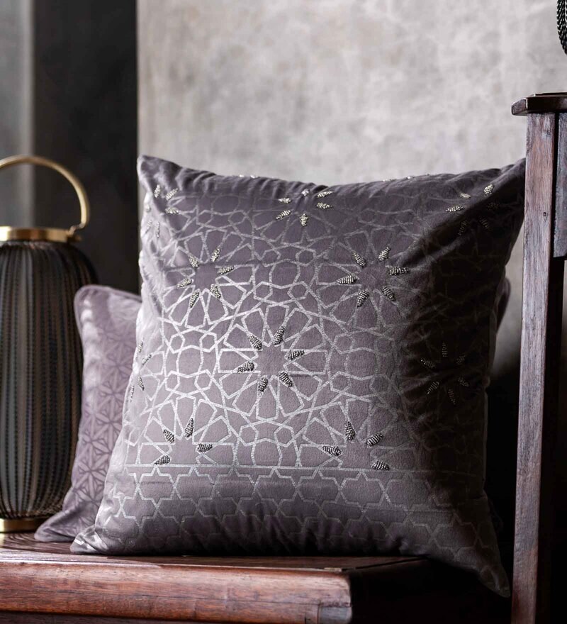 Buy Grey Velvet Geometric 20 X 20 Cushion Cover by Eris Home Online