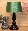 Sloping Green & Gold Fabric Shade Night Lamp With Wood Base