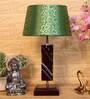 Triune Green & Gold Fabric Shade Night Lamp With Wood Base