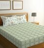 Green & Light Green Glace Cotton Floral Print Elastic Fitted King Bedsheet With 2 Pillow Covers