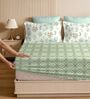Green & Light Green Glace Cotton Floral Print Elastic Fitted King Bedsheet With 2 Pillow Covers