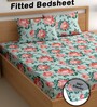 Green 200 TC Floral Cotton Fitted Double Bedsheet 2 Pillow covers