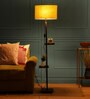 Short Green Fabric Shade Shelf Floor Lamp With Wood Base