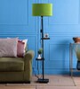 Short Green Fabric Shade Shelf Floor Lamp With Wood Base