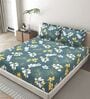 Green Floral 260 Tc Polycotton King Fitted Bedsheet With 2 Pillow Covers