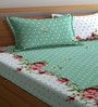 Green Floral 300 TC Cotton Blend Double King Sized Bedsheet With 2 Pillow Covers
